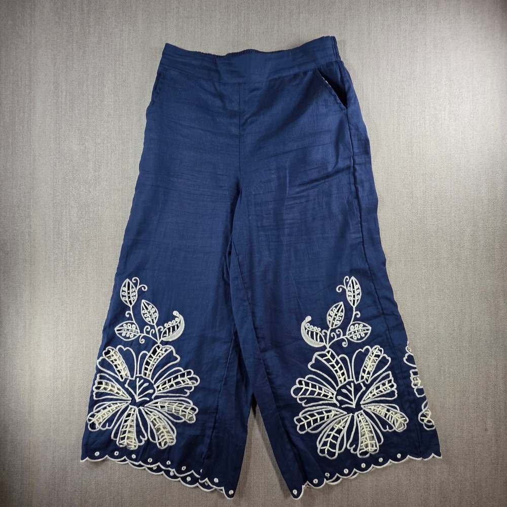 Christian Siriano Pants Womens Medium Blue Linen Blend Embroidered Eyelet Crop - Picture 1 of 16